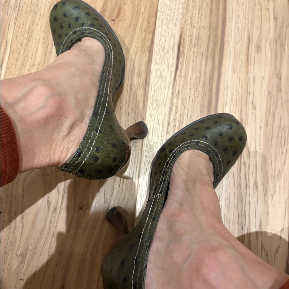 John Fluevog Olive Green Dotted Heels